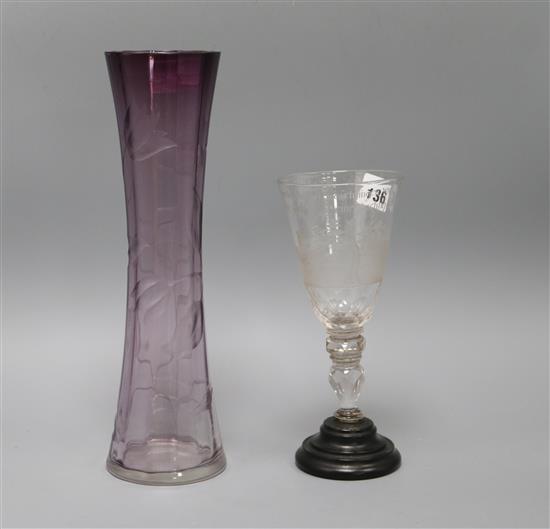 An amethyst Moser etched vase, c.1910 and an etched glass goblet tallest 31cm